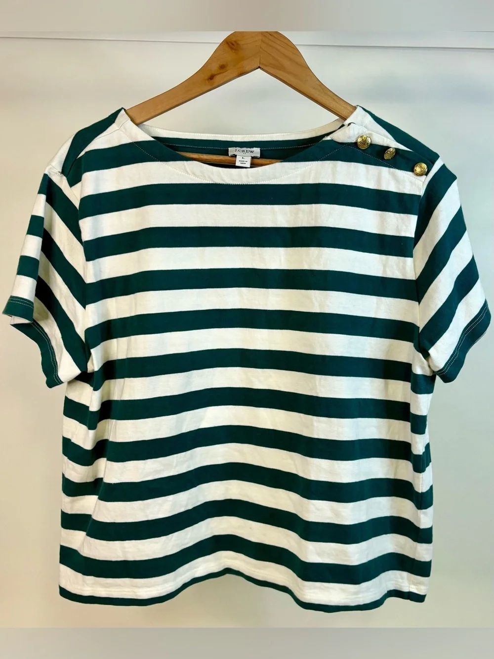 J. Crew Teal & White Striped Short-Sleeve Button-Shoulder Tee